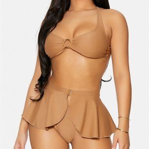 TAN Gold Ring Strappy Back Peplum Skirt Bikini Swimwear 3 Piece Set